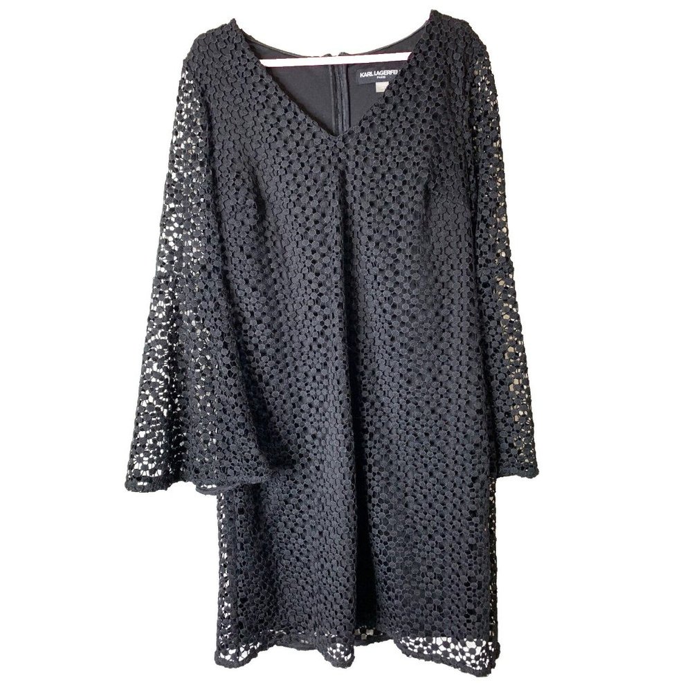 Karl Lagerfeld Paris Black Lace Dress V-Neck Bell Sleeves Evening Formal Size 6